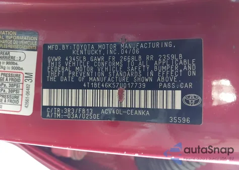 2007 Toyota Camry Le из США, поврежденный, VIN 4T1BE46K57U017739